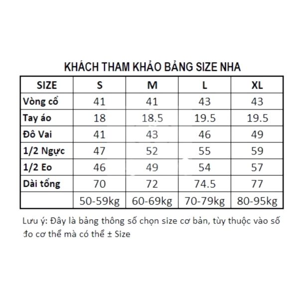 Bảng size Áo sơ mi họa tiết